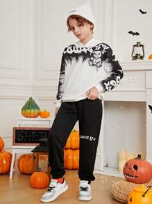 SHEIN Tween Boy Cartoon And Letter Graphic Two Tone Sweatshirt - White - View 4
