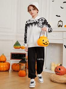 SHEIN Tween Boy Cartoon And Letter Graphic Two Tone Sweatshirt - White - View 5