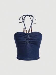 SHEIN MOD Beaded Detail Drawstring Front Halter Denim Top - Medium Wash - View 1