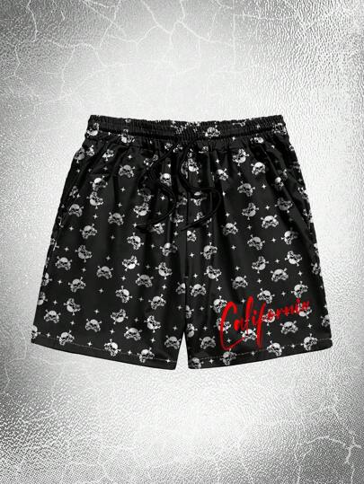 Goth Guys Letter & Skull Print Drawstring Waist Shorts