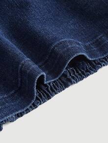 SHEIN MOD Beaded Detail Drawstring Front Halter Denim Top - Medium Wash - View 3