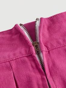 SHEIN MOD Solid Pleated Denim Skirt - Hot Pink - View 4