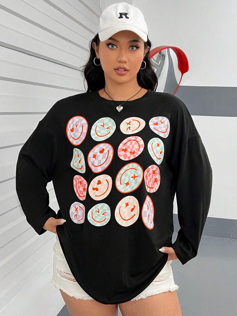 SHEIN EZwear 大碼卡通圖案落肩T恤 - 黑色 - 查看 1