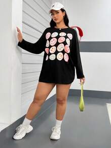 SHEIN EZwear 大碼卡通圖案落肩T恤 - 黑色 - 查看 3