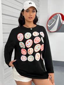 SHEIN EZwear 大碼卡通圖案落肩T恤 - 黑色 - 查看 4