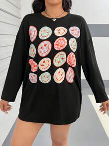SHEIN EZwear 大碼卡通圖案落肩T恤 - 黑色 - 查看 5