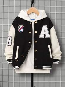 SHEIN Cậu bé Tween 1 Miếng Thư được vá Sọc trang trí Thả vai Áo khoác - Đen và trắng - Xem 1