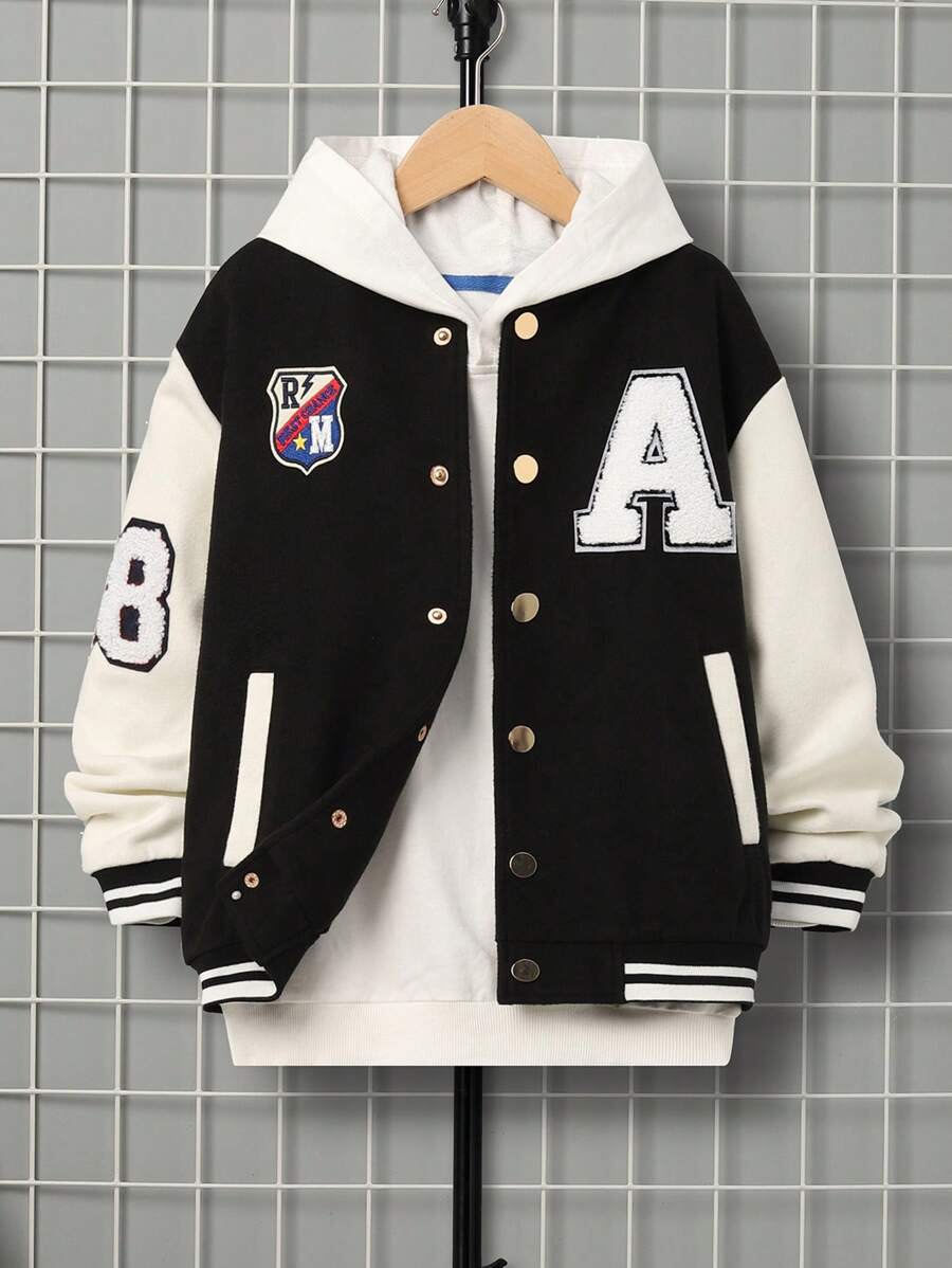 SHEIN Cậu bé Tween 1 Miếng Thư được vá Sọc trang trí Thả vai Áo khoác - Đen và trắng - Xem 1