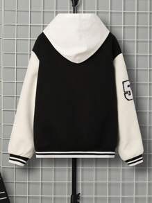 SHEIN Cậu bé Tween 1 Miếng Thư được vá Sọc trang trí Thả vai Áo khoác - Đen và trắng - Xem 2
