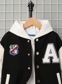 SHEIN Cậu bé Tween 1 Miếng Thư được vá Sọc trang trí Thả vai Áo khoác - Đen và trắng - Xem 3