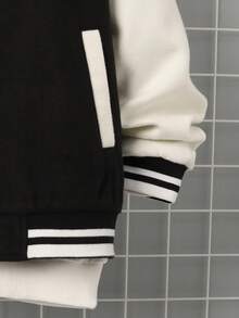 SHEIN Cậu bé Tween 1 Miếng Thư được vá Sọc trang trí Thả vai Áo khoác - Đen và trắng - Xem 5