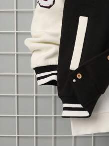 SHEIN Cậu bé Tween 1 Miếng Thư được vá Sọc trang trí Thả vai Áo khoác - Đen và trắng - Xem 6
