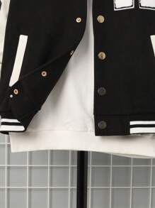 SHEIN Cậu bé Tween 1 Miếng Thư được vá Sọc trang trí Thả vai Áo khoác - Đen và trắng - Xem 7