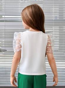 SHEIN Leap Crew 少女純色網絡接縫泡泡袖上衣，適用於春夏季節 - 白色 - 查看 2