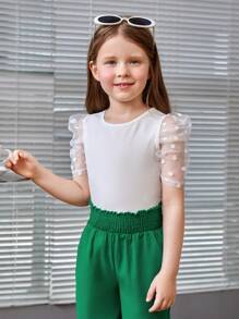 SHEIN Leap Crew 少女純色網絡接縫泡泡袖上衣，適用於春夏季節 - 白色 - 查看 4