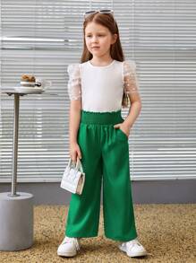 SHEIN Leap Crew 少女純色網絡接縫泡泡袖上衣，適用於春夏季節 - 白色 - 查看 5