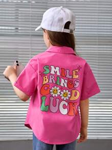 SHEIN Young Girl Slogan Graphic Drop Shoulder Shirt - Pink - View 1