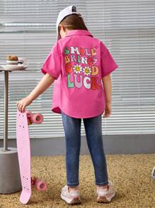 SHEIN Young Girl Slogan Graphic Drop Shoulder Shirt - Pink - View 4