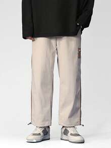 男士字母圖案拼接側縫抽繩下擺長褲 - 杏色 - 查看 1