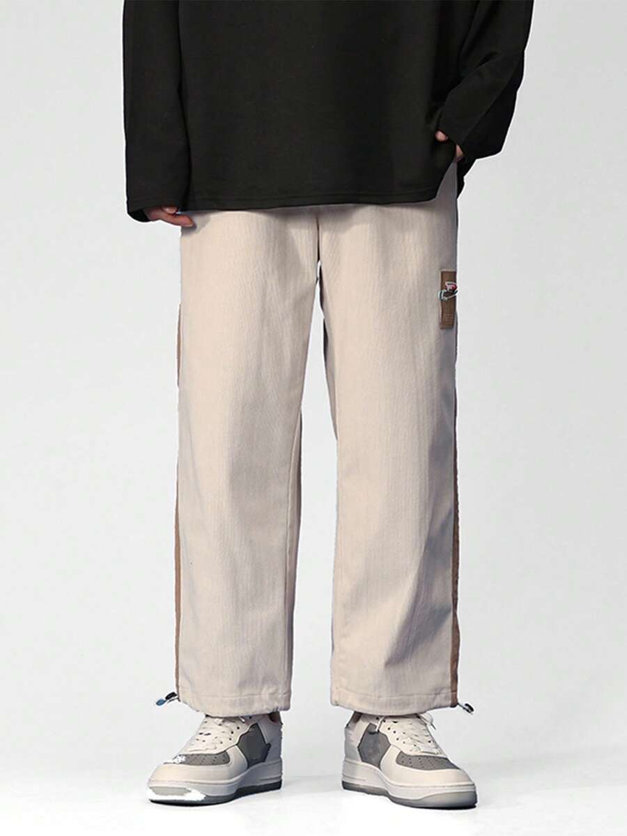 男士字母圖案拼接側縫抽繩下擺長褲 - 杏色 - 查看 1