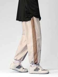 男士字母圖案拼接側縫抽繩下擺長褲 - 杏色 - 查看 2