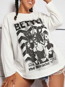 SHEIN CURVE+ Hơn Đồ họa Hình & Chữ cái Áo thun Thả vai - trắng - Xem 1