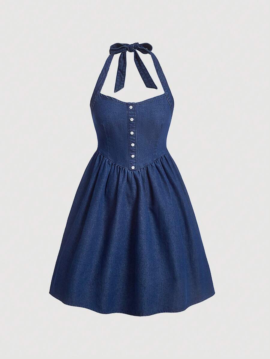 SHEIN MOD Button Front Halter Neck Denim Dress - Dark Wash - View 1