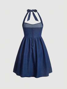 SHEIN MOD Button Front Halter Neck Denim Dress - Dark Wash - View 2