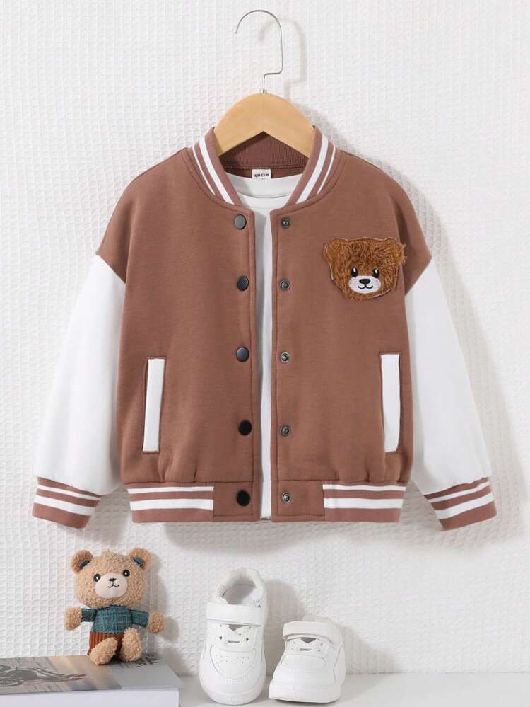 Young Girl Bear Patched Striped Trim Drop Shoulder Varsity Jacket Without Tee