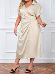 SHEIN Privé 大碼蝙蝠袖圍裹洋裝 - 杏色 - 查看 3