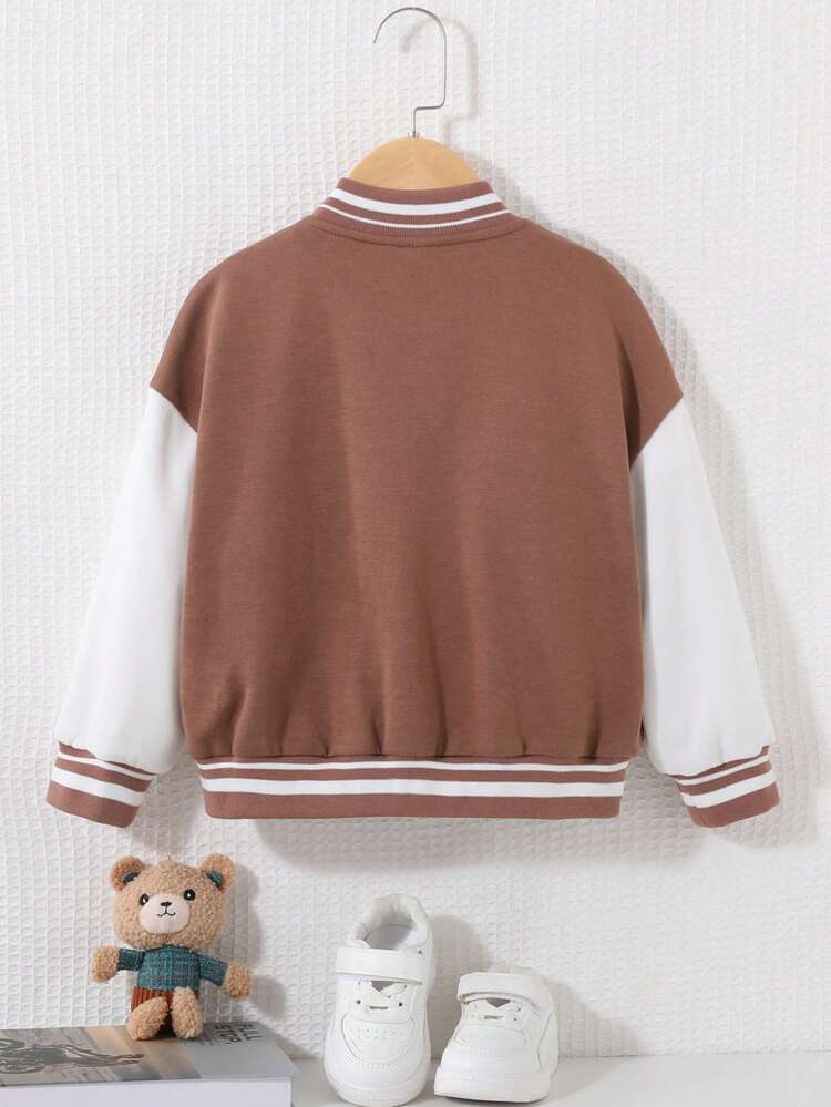 Young Girl Bear Patched Striped Trim Drop Shoulder Varsity Jacket Without Tee