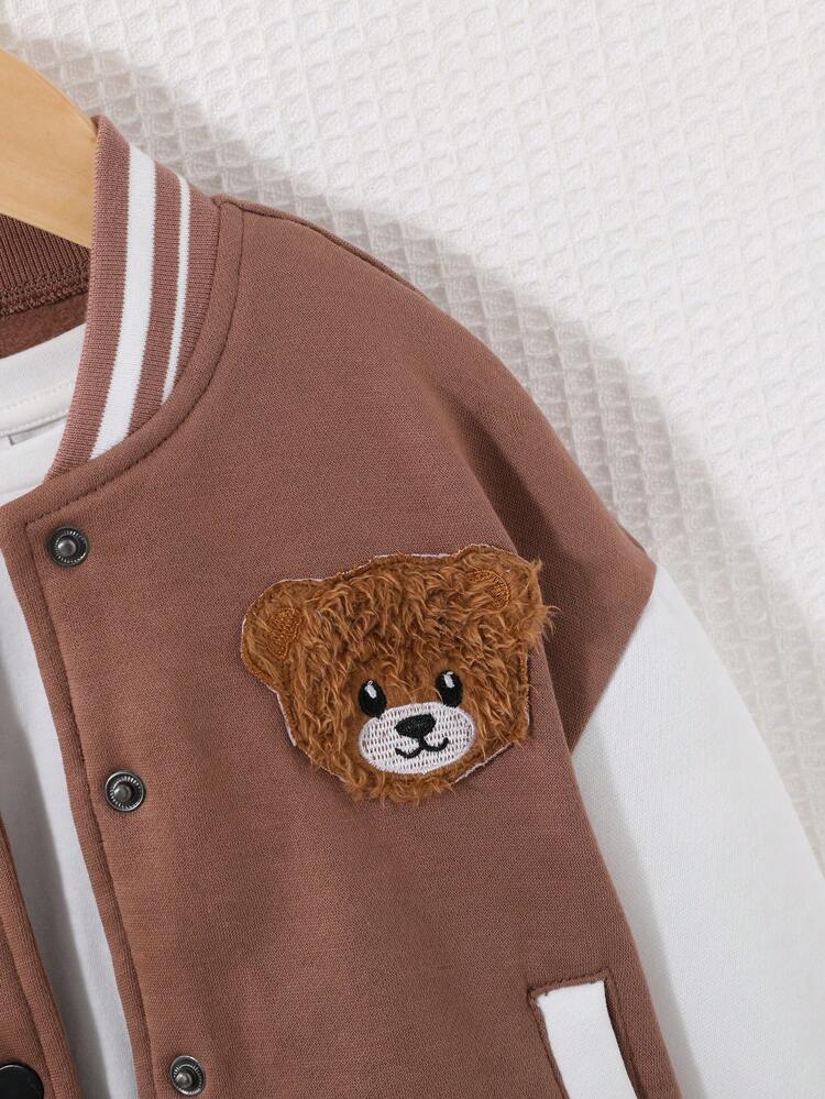 Young Girl Bear Patched Striped Trim Drop Shoulder Varsity Jacket Without Tee