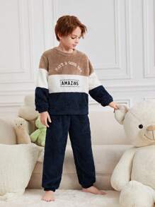 SHEIN Tween Boy Slogan Embroidery Colorblock Teddy Pullover & Pants PJ Set - Multicolor - View 1