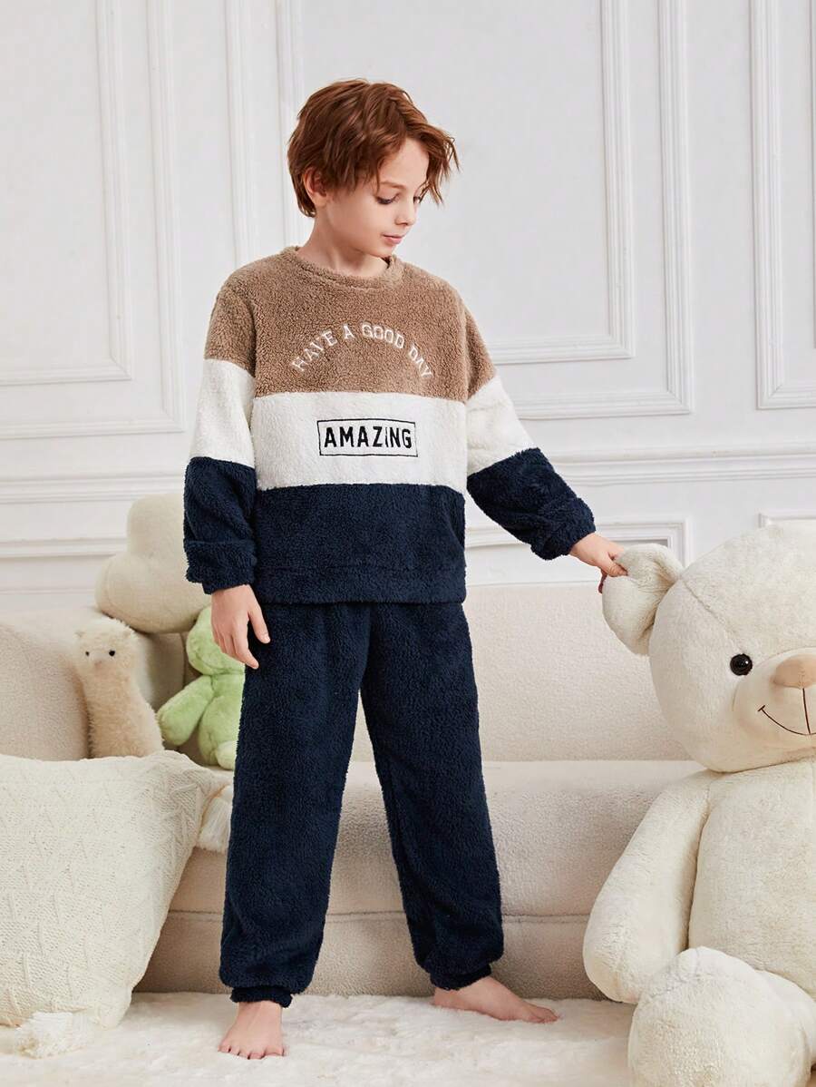SHEIN Tween Boy Slogan Embroidery Colorblock Teddy Pullover & Pants PJ Set - Multicolor - View 1