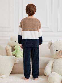SHEIN Tween Boy Slogan Embroidery Colorblock Teddy Pullover & Pants PJ Set - Multicolor - View 12
