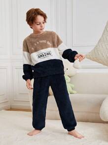 SHEIN Tween Boy Slogan Embroidery Colorblock Teddy Pullover & Pants PJ Set - Multicolor - View 13