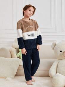 SHEIN Tween Boy Slogan Embroidery Colorblock Teddy Pullover & Pants PJ Set - Multicolor - View 11