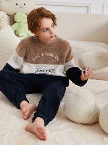 SHEIN Tween Boy Slogan Embroidery Colorblock Teddy Pullover & Pants PJ Set - Multicolor - View 10