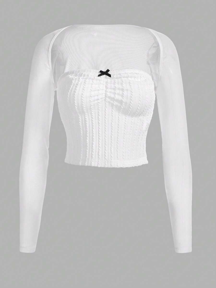 SHEIN MOD 前蝴蝶結抹胸上衣&短上衣 - 白色 - 查看 1