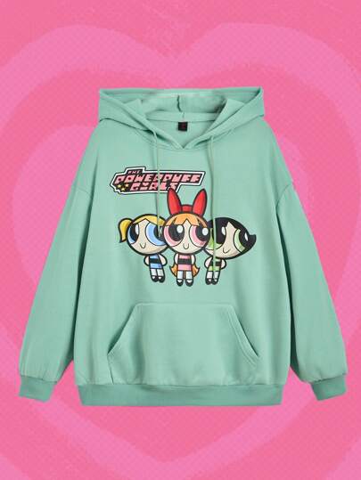 The Powerpuff Girls | ROMWE Taglie Forti Felpa con cappuccio con grafica fumetto con tasca a marsupio con coulisse