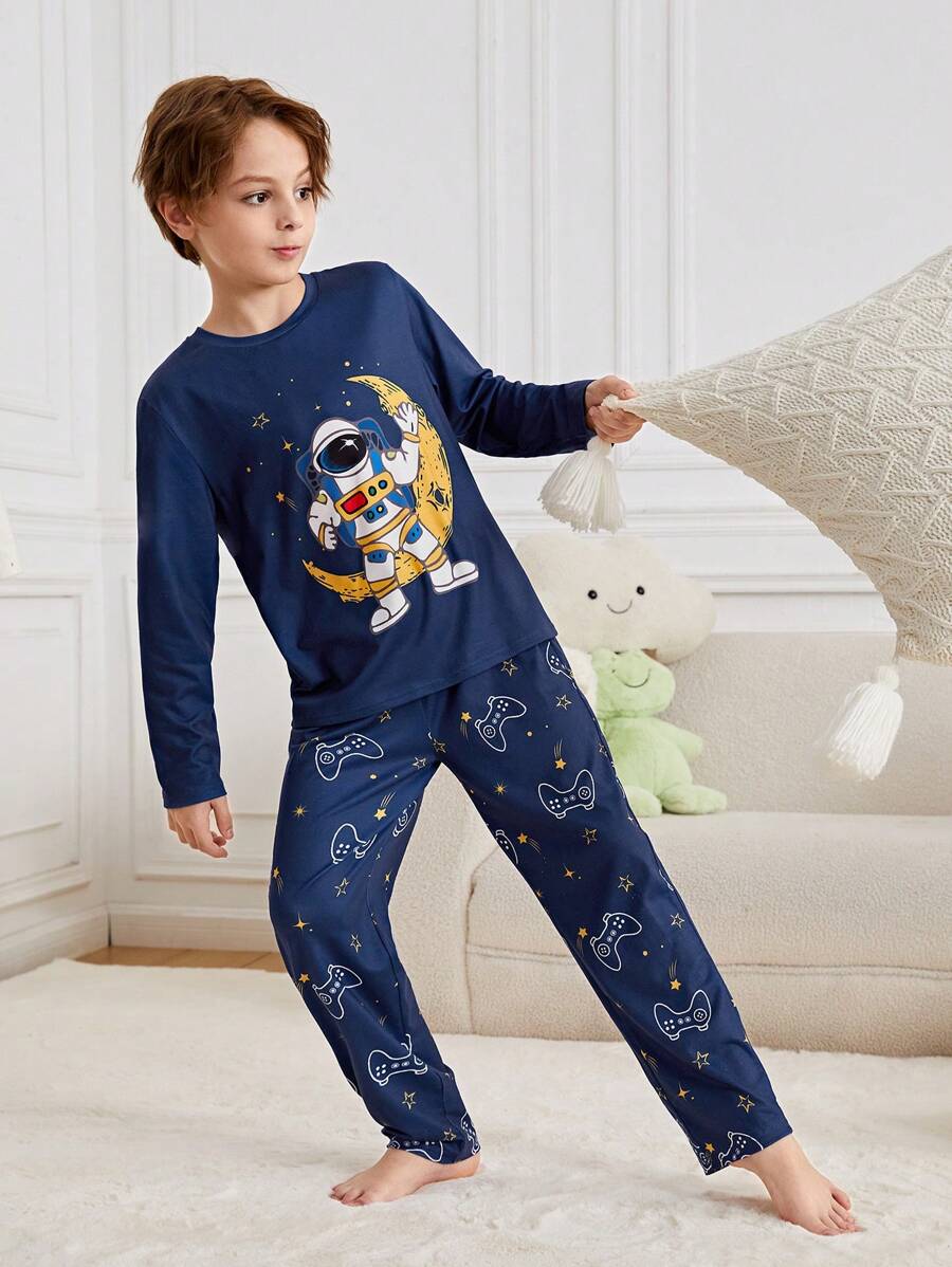 SHEIN 男大童卡通圖案T恤和褲子睡衣套裝 - 藏蓝色 - 查看 1