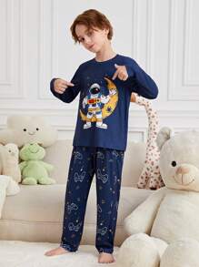 SHEIN 男大童卡通圖案T恤和褲子睡衣套裝 - 藏蓝色 - 查看 4