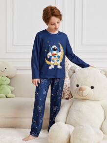 SHEIN 男大童卡通圖案T恤和褲子睡衣套裝 - 藏蓝色 - 查看 6