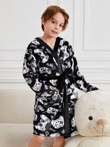 SHEIN Tween Boy 长款电子游戏图案连帽法兰绒睡衣（配腰带），秋季 (9)，冬季 (2)，黑色，白色 - 黑色 - 查看 1