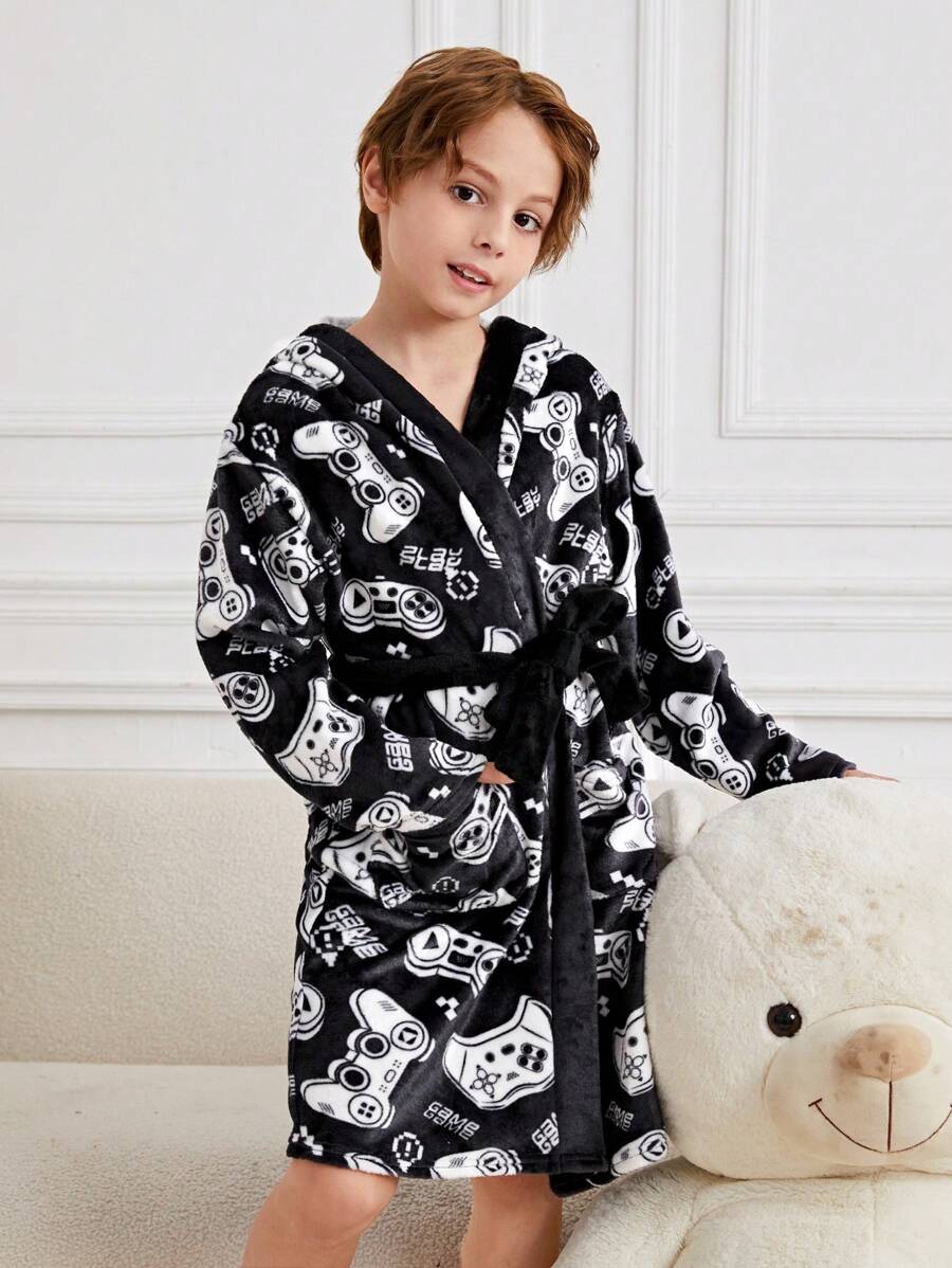 SHEIN Tween Boy 长款电子游戏图案连帽法兰绒睡衣（配腰带），秋季 (9)，冬季 (2)，黑色，白色 - 黑色 - 查看 1