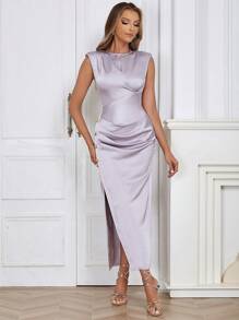 Solid Ruched Split Thigh Satin Dress - Mauve Purple - View 1