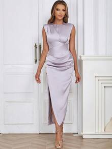 Solid Ruched Split Thigh Satin Dress - Mauve Purple - View 5