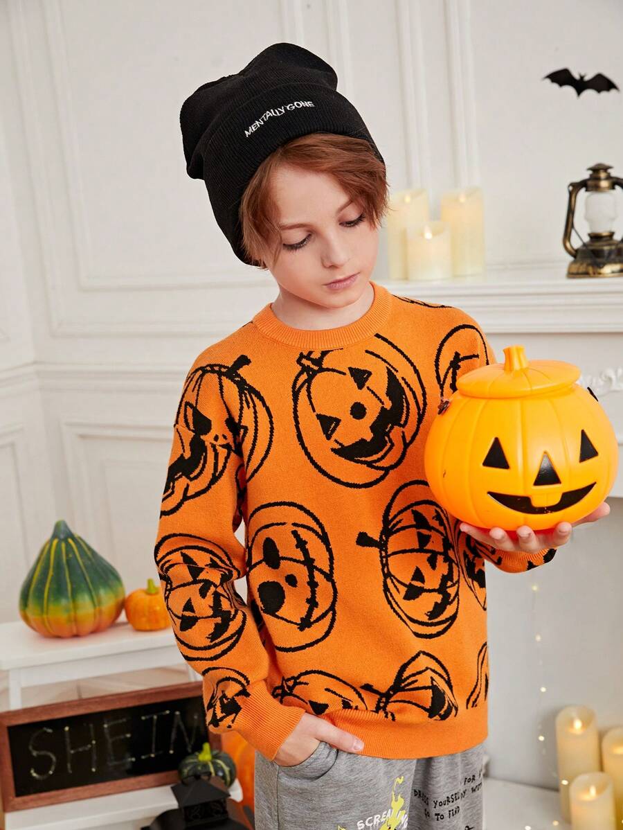 SHEIN Cậu bé Tween Lỏng lẻo Phù hợp Tay áo dài Vòng cổ Họa tiết Bí ngô Áo chui đầu Áo len Cho Halloween - Nhiều màu - Xem 1