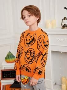 SHEIN Cậu bé Tween Lỏng lẻo Phù hợp Tay áo dài Vòng cổ Họa tiết Bí ngô Áo chui đầu Áo len Cho Halloween - Nhiều màu - Xem 3