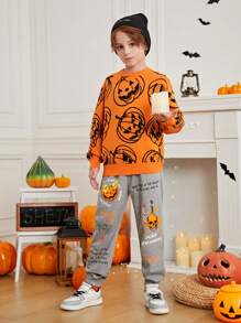 SHEIN Cậu bé Tween Lỏng lẻo Phù hợp Tay áo dài Vòng cổ Họa tiết Bí ngô Áo chui đầu Áo len Cho Halloween - Nhiều màu - Xem 4